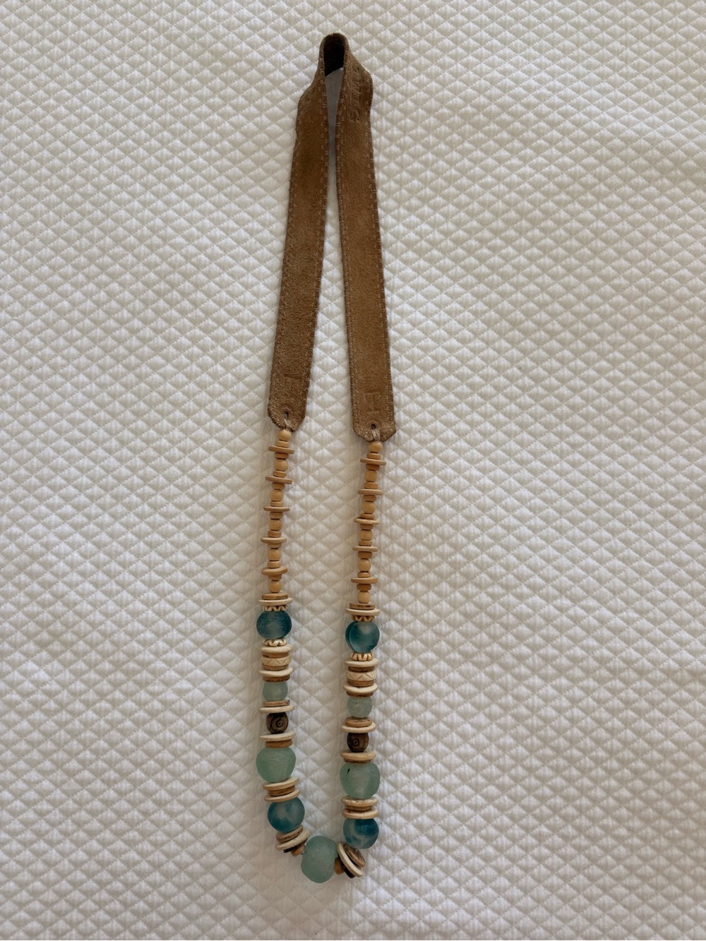 Teal Ocean Glass and Tan Leather Women's Necklace